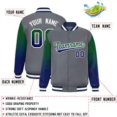 Dark Gray Green-Navy Gradient Varsity Full-Snap Raglan Baseball Jacket 2