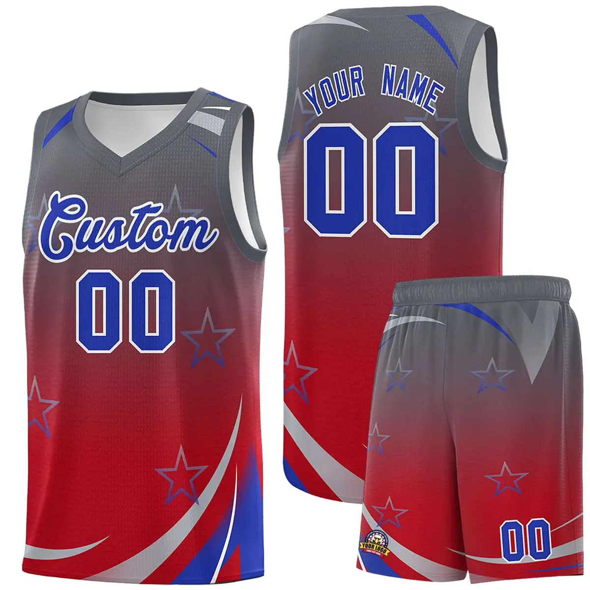 Dark Gray Red Gradient Star Graffiti Basketball Jersey