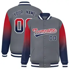 Dark Gray Red-Navy Gradient Varsity Full-Snap Raglan Baseball Jacket 1