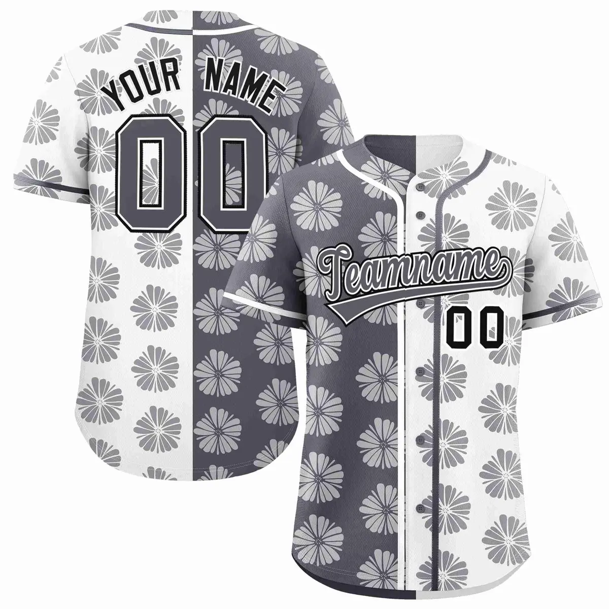 Dark Gray White Flower Graffiti Split Baseball Jersey