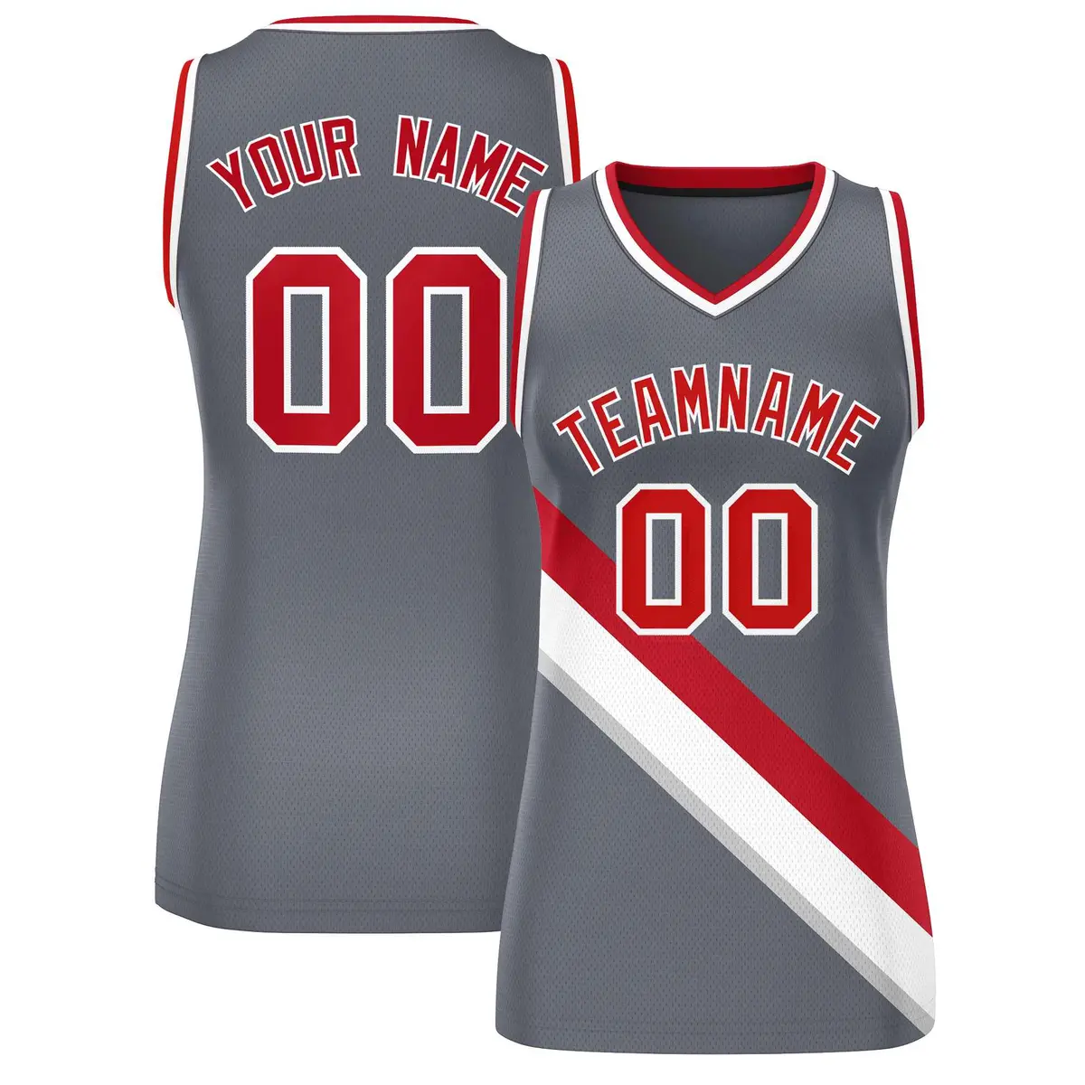 Women's Dark Gray White-Red Thick Slash Mesh Basketball Jersey