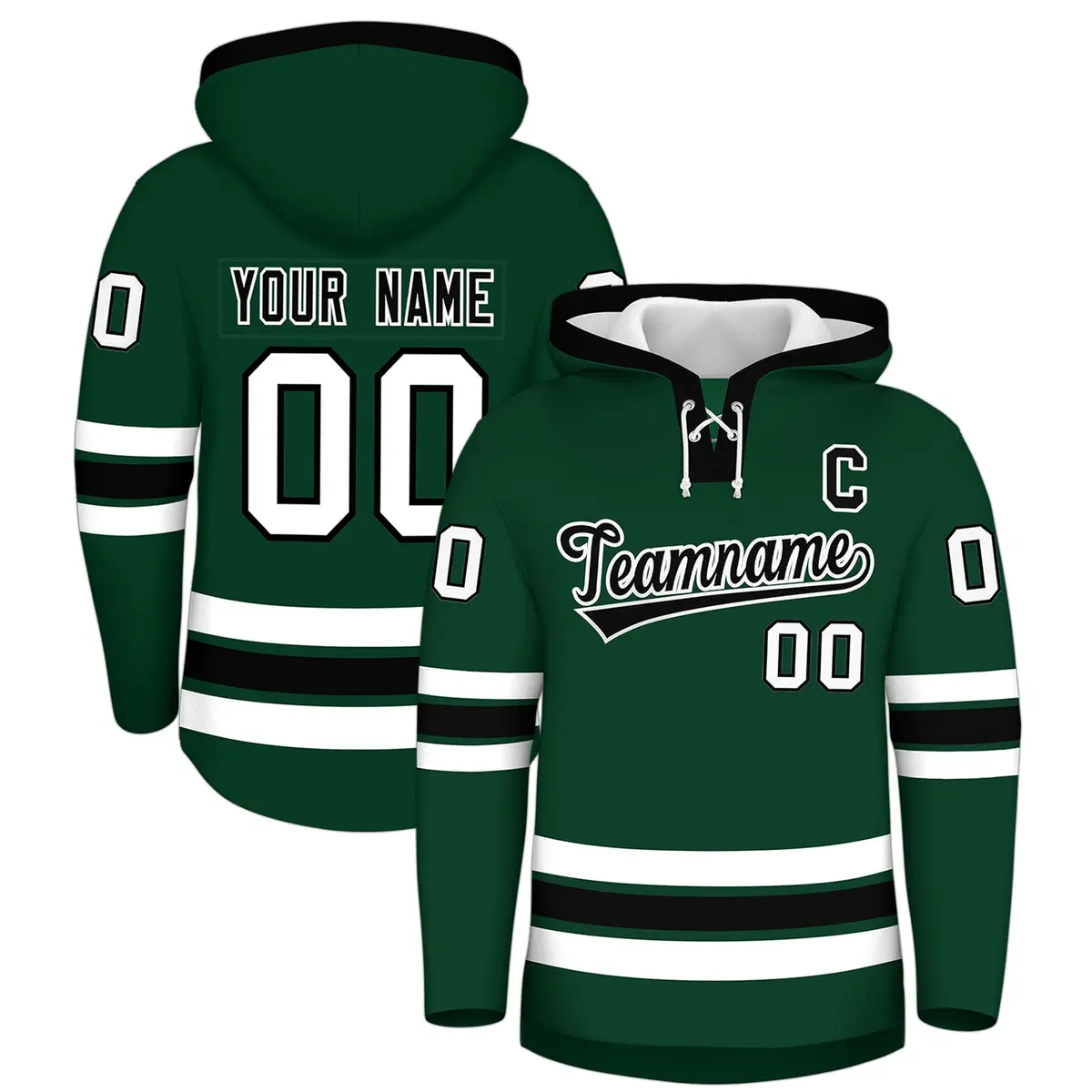 Dark Green Black Lace-Up Neck Classic Hockey Hoodie
