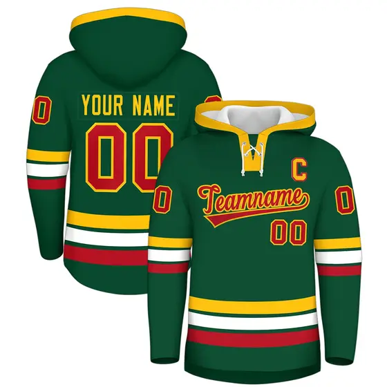 Dark Green Gold Lace-Up Neck Hockey Hoodie Classic Style