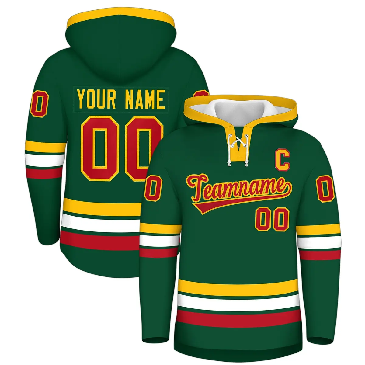Dark Green Gold Lace-Up Neck Hockey Hoodie Classic Style