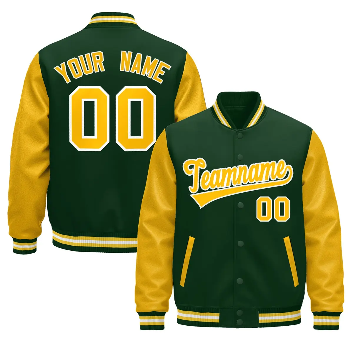 Dark Green Gold White Raglan Varsity Full-Snap Letterman Jacket
