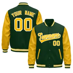 Dark Green Gold White Raglan Varsity Full-Snap Letterman Jacket 1