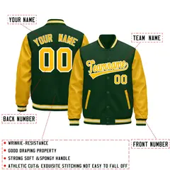 Dark Green Gold White Raglan Varsity Full-Snap Letterman Jacket 3