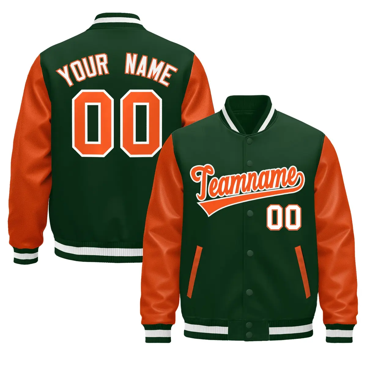 Dark Green Orange White Raglan Full-Snap Letterman Jacket Leather Sleeves