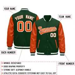 Dark Green Orange White Raglan Full-Snap Letterman Jacket Leather Sleeves 2