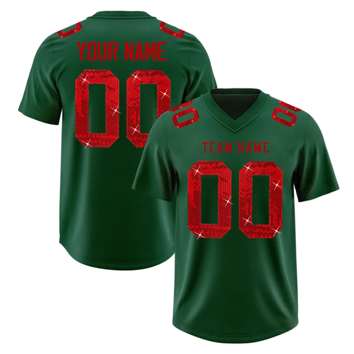 Dark Green Red Sequin Lettering Stretch Football Jersey