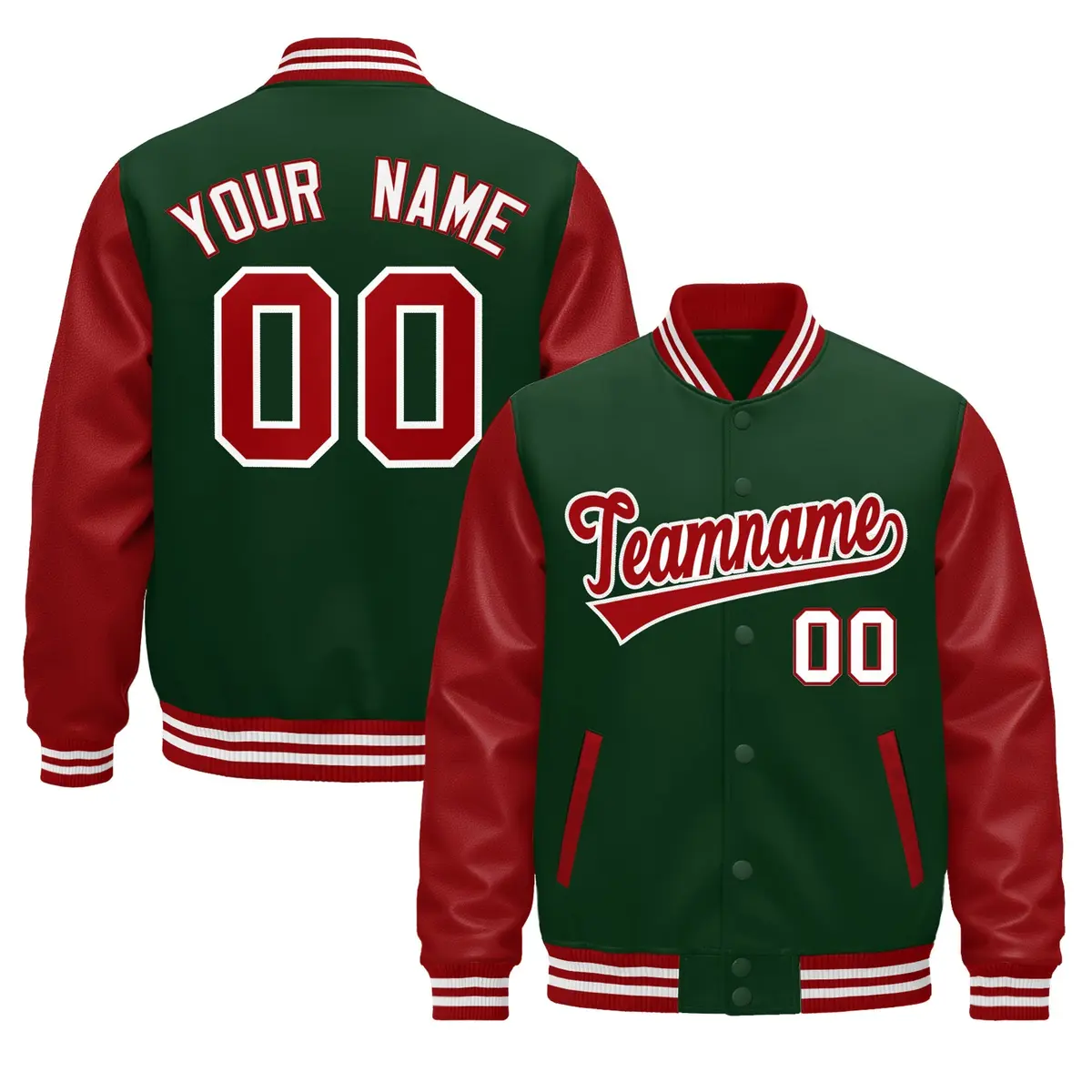 Dark Green Red White Raglan Full-Snap Letterman Jacket Leather Sleeves