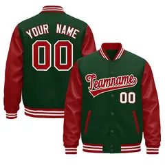 Dark Green Red White Raglan Full-Snap Letterman Jacket Leather Sleeves 1