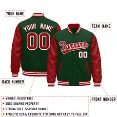 Dark Green Red White Raglan Full-Snap Letterman Jacket Leather Sleeves 2