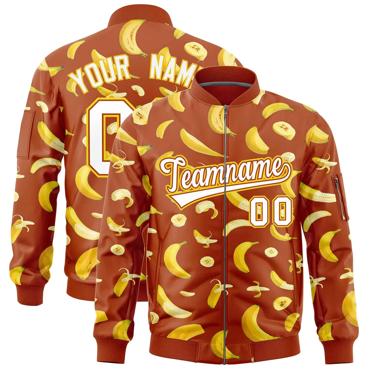 Dark Orange Banana Pattern Varsity Letterman Bomber Jacket
