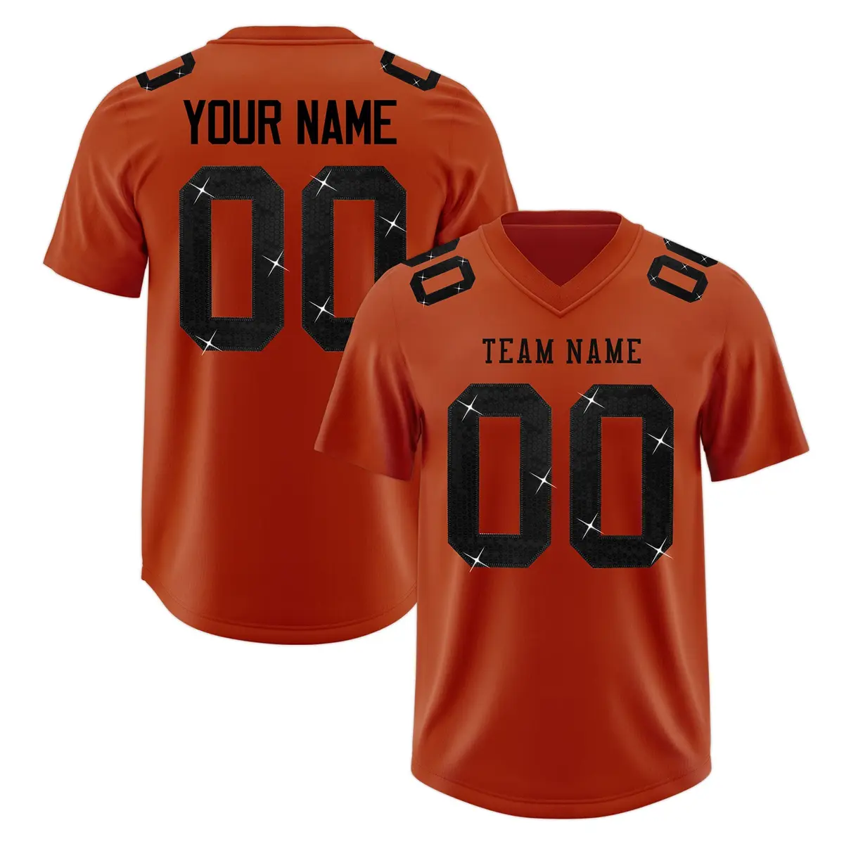 Dark Orange Black Sequin Lettering Football Jersey
