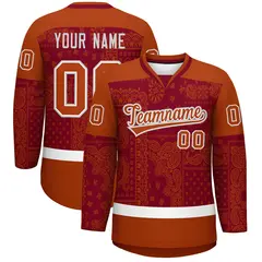 Dark Orange Crimson White Cashew Flower Graffiti V-Neck Hockey Jersey