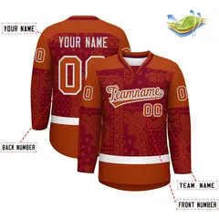 Dark Orange Crimson White Cashew Flower Graffiti V-Neck Hockey Jersey 2