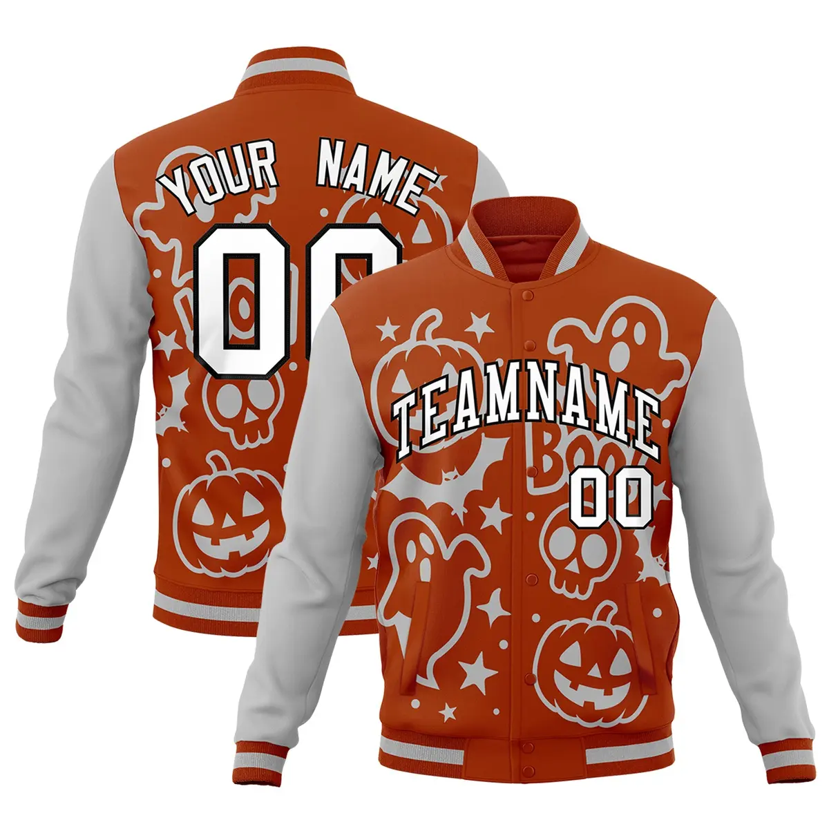 Dark Orange Gray White Halloween Bats Pumpkins Ghost Letterman Jacket