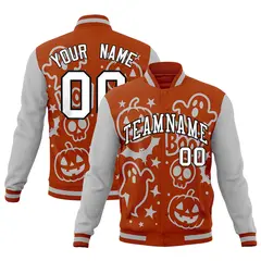 Dark Orange Gray White Halloween Bats Pumpkins Ghost Letterman Jacket 1