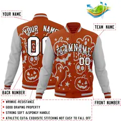Dark Orange Gray White Halloween Bats Pumpkins Ghost Letterman Jacket 2
