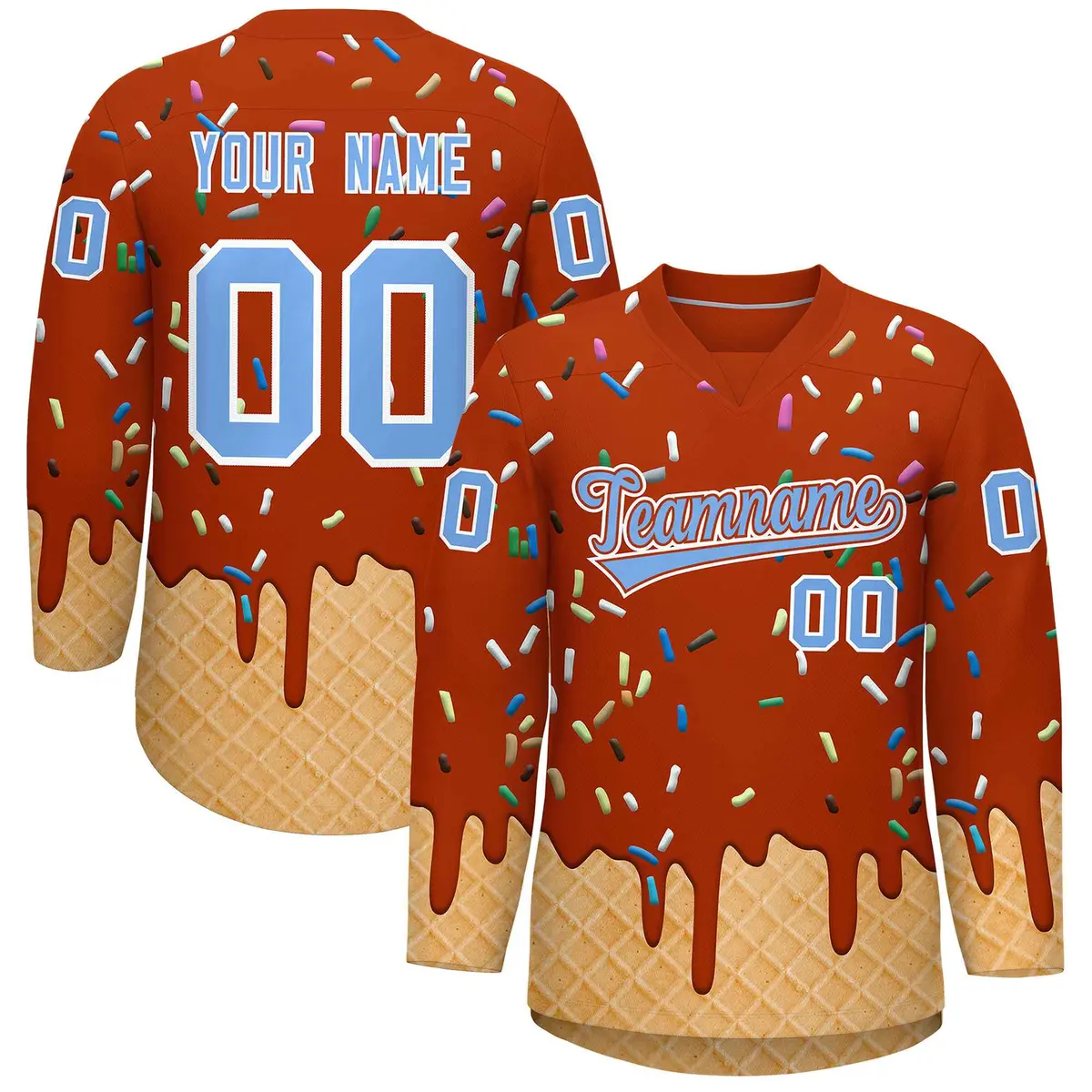 Dark Orange Light Blue Ice Cream Pattern V-Neck Hockey Jersey