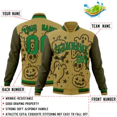 Desert Yellow Kelly Green Olive Halloween Bats Pumpkins Ghost Letterman Jacket 2