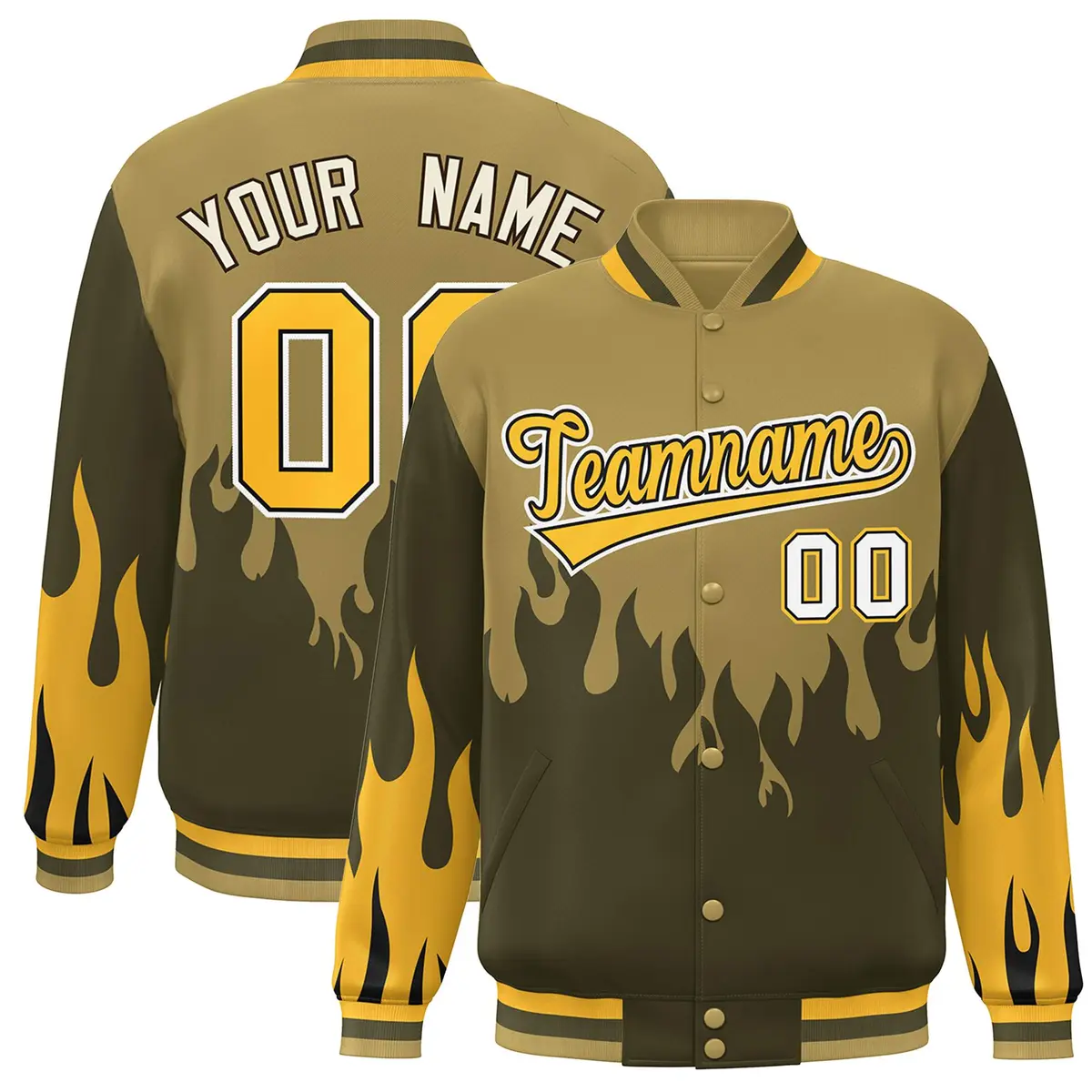 Desert Yellow Olive-Gold Flame Graffiti Bomber Varsity Full-Snap Jacket