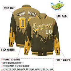 Desert Yellow Olive-Gold Flame Graffiti Bomber Varsity Full-Snap Jacket 2