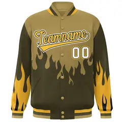 Desert Yellow Olive-Gold Flame Graffiti Bomber Varsity Full-Snap Jacket 3