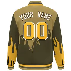 Desert Yellow Olive-Gold Flame Graffiti Bomber Varsity Full-Snap Jacket 4