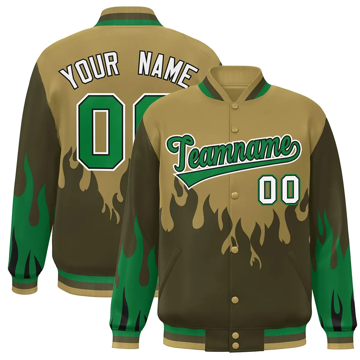 Desert Yellow Olive-Green Flame Graffiti Bomber Varsity Full-Snap Jacket