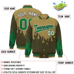 Desert Yellow Olive-Green Flame Graffiti Bomber Varsity Full-Snap Jacket 2