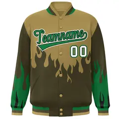 Desert Yellow Olive-Green Flame Graffiti Bomber Varsity Full-Snap Jacket 3