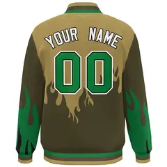 Desert Yellow Olive-Green Flame Graffiti Bomber Varsity Full-Snap Jacket 4