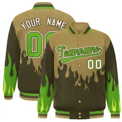 Desert Yellow Olive-Green Flame Graffiti Bomber Varsity Full-Snap Jacket