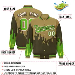 Desert Yellow Olive-Green Flame Graffiti Bomber Varsity Full-Snap Jacket 2