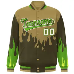 Desert Yellow Olive-Green Flame Graffiti Bomber Varsity Full-Snap Jacket 3