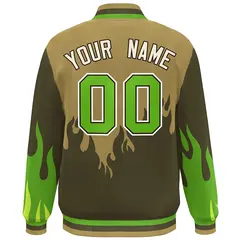 Desert Yellow Olive-Green Flame Graffiti Bomber Varsity Full-Snap Jacket 4