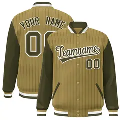 Desert Yellow Olive-White Stripe Varsity Bomber Jacket with Raglan Sleeves