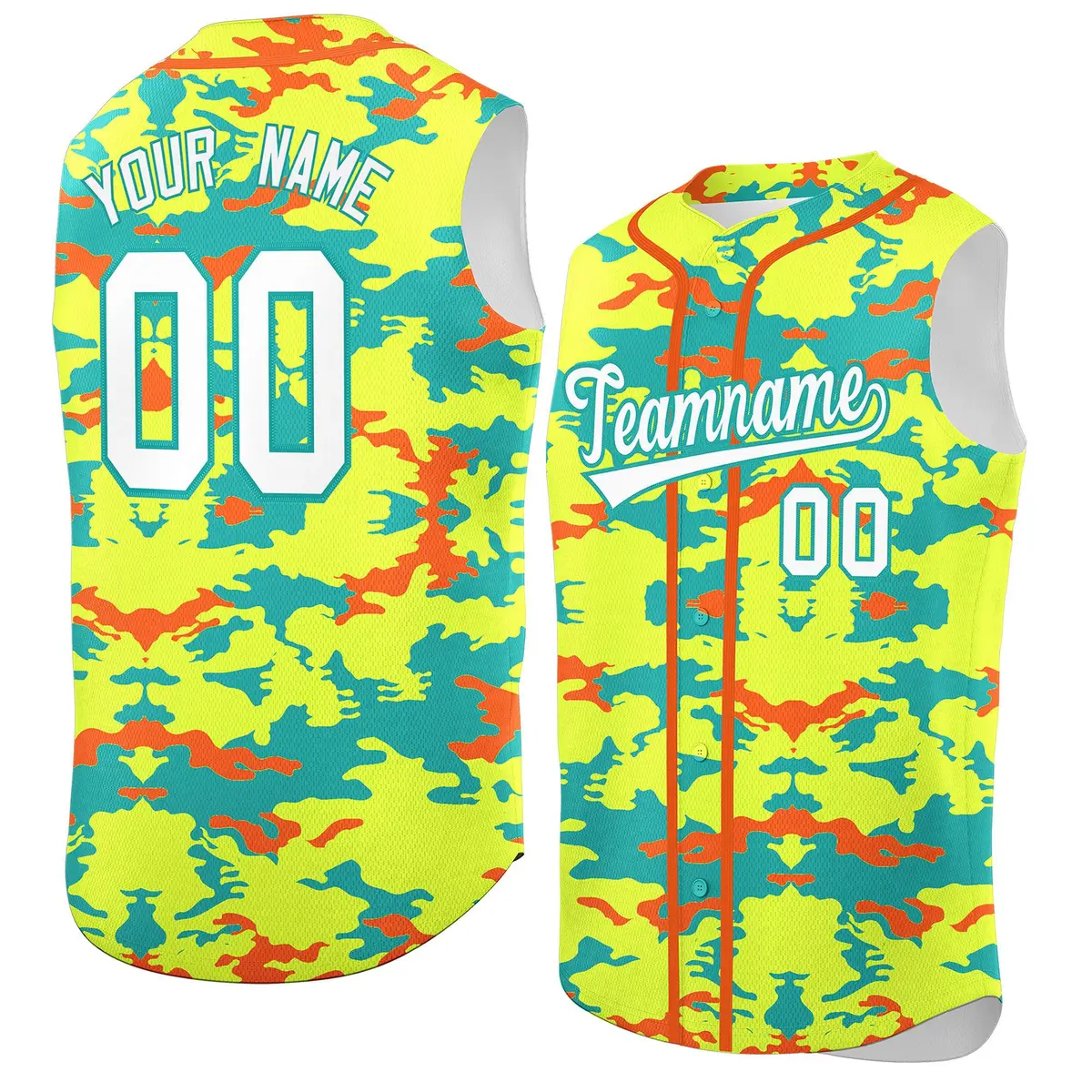 Fluorescent Green Aqua Orange Camo Sleeveless Baseball Jersey
