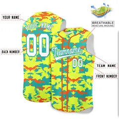 Fluorescent Green Aqua Orange Camo Sleeveless Baseball Jersey 2