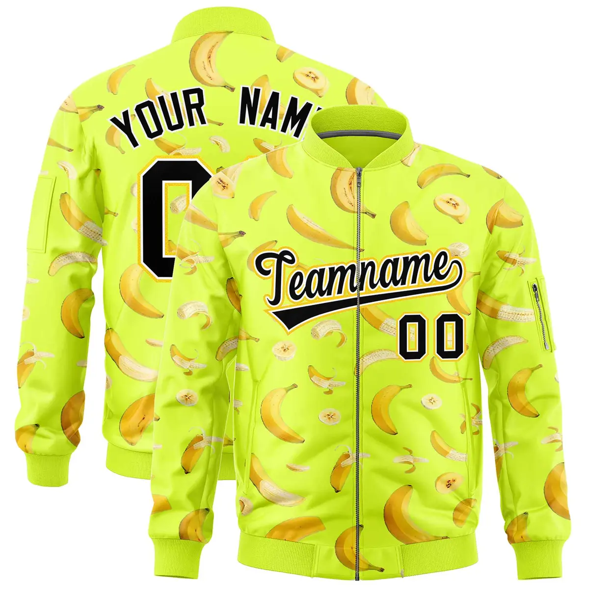 Fluorescent Green Banana Pattern Varsity Letterman Bomber Jacket