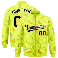 Fluorescent Green Banana Pattern Varsity Letterman Bomber Jacket