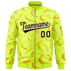Fluorescent Green Banana Pattern Varsity Letterman Bomber Jacket 3