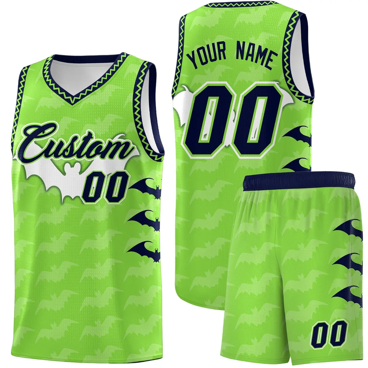 Fluorescent Green Bat Pattern Halloween Basketball Jersey