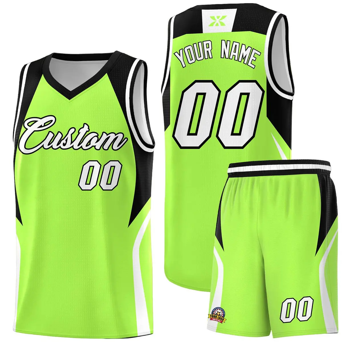 Fluorescent Green Black and White Color Block Basketball Jersey