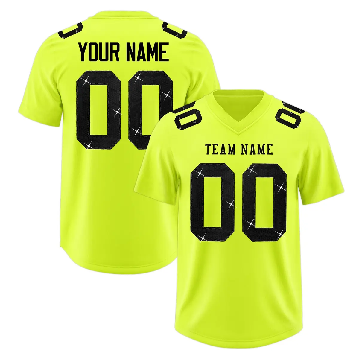 Fluorescent Green Black Sequin Lettering Moisture-Wicking Football Jersey