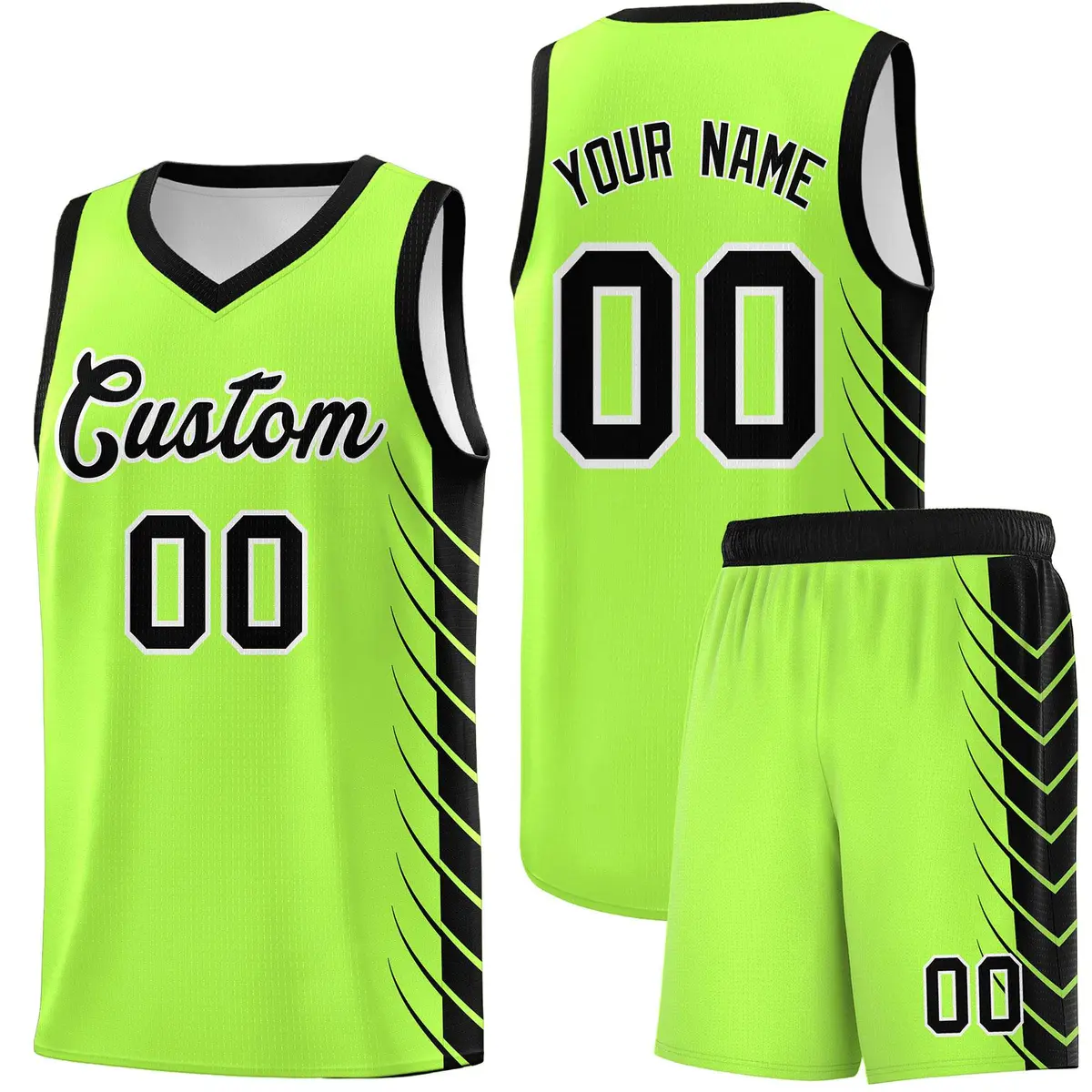 Fluorescent Green Black Side Symmetrical Line Pattern Basketball Jersey