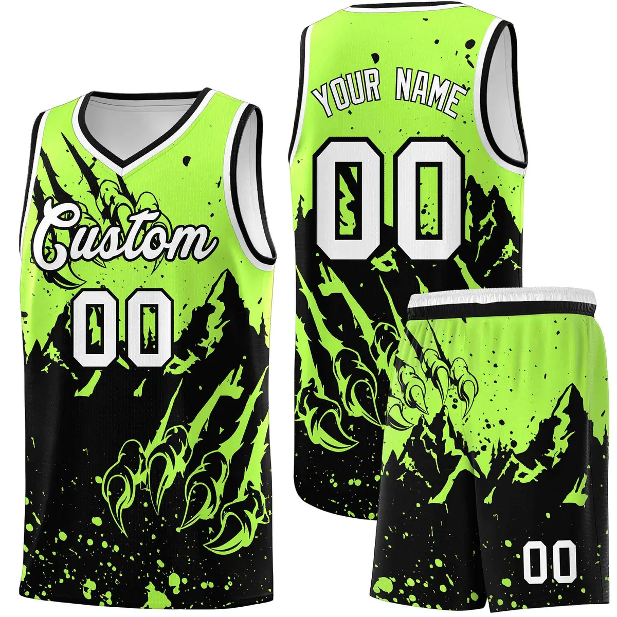Fluorescent Green Black Snow Mountain Beast Pattern Basketball Jersey