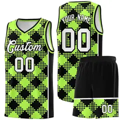 Fluorescent Green Black-White Grid Basketball Kits For Team
